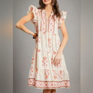 🤩SALE🤩Umgee Printed Tie Neck Ruffle Cap Sleeve Dress Cream and Pink